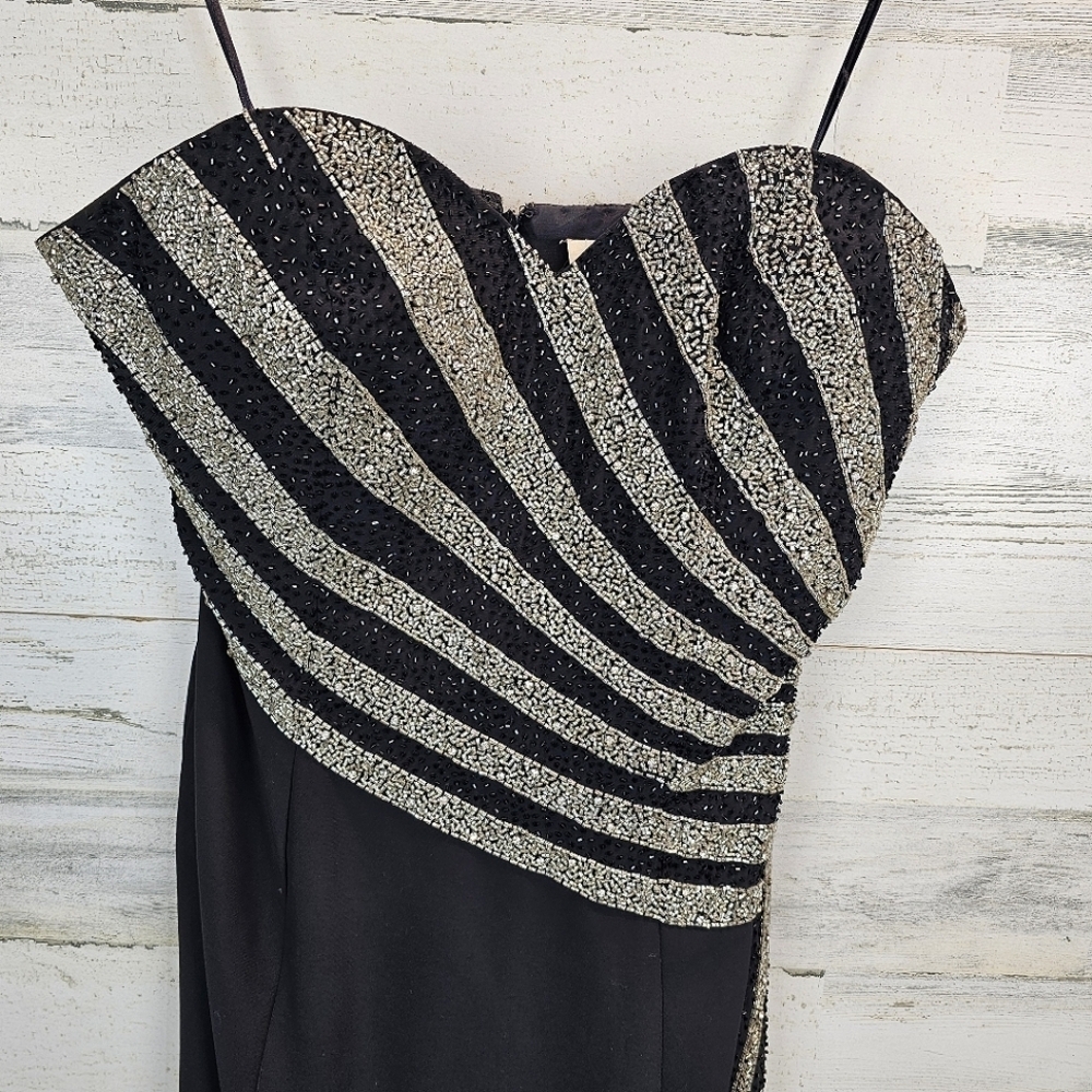 VTG Cassandra Stone Elegant Black Silver Beaded Evening Dress Side Slit Sz 12 - Picture 7 of 14